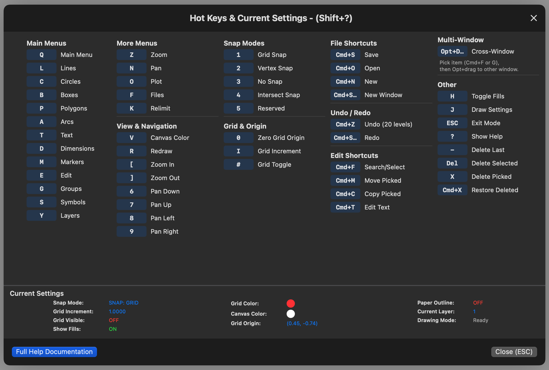 CADD300 Modern HotKeys popup showing the 5-column layout of all keyboard shortcuts